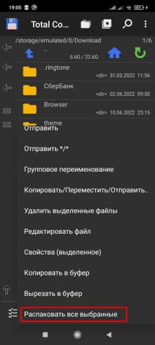Пункт "Распаковать все выбранные"