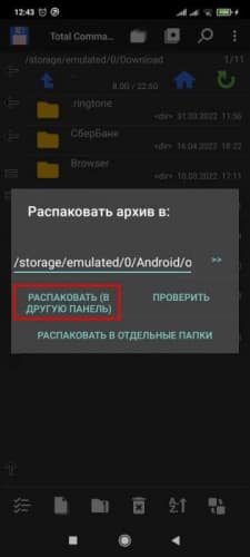 Нажатие кнопки "Распаковать (в другую панель)"